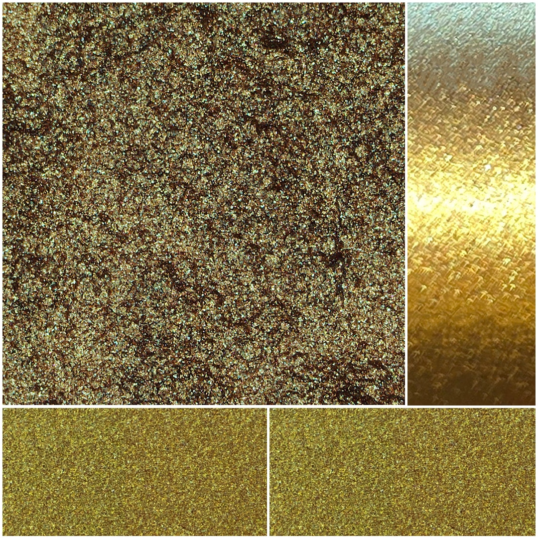 Gold glitter texture samples featuring shimmering flecks and various finishes.