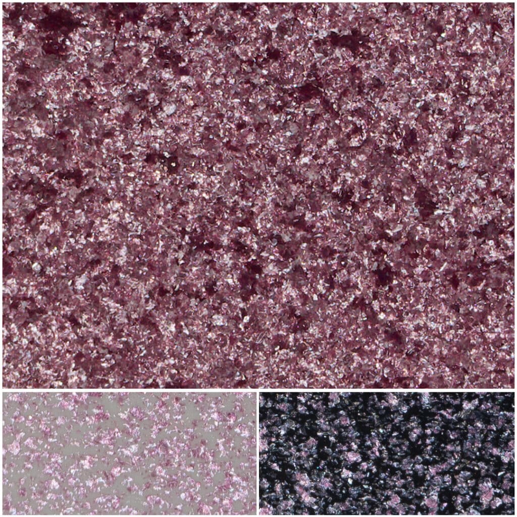 Mulberry glitter shines in various shades, perfect for a glamorous party look.
