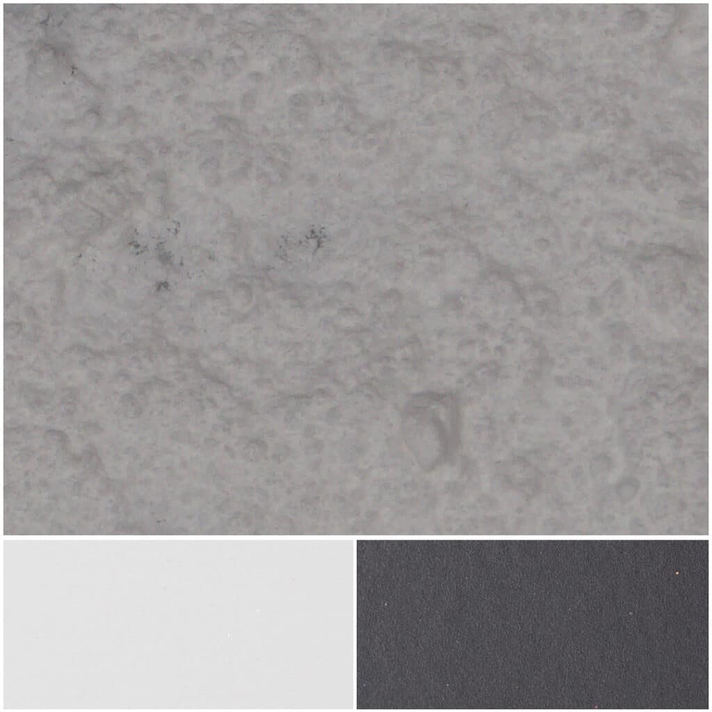 Textured surface samples showcasing gray, white, and black colors for design applications.
