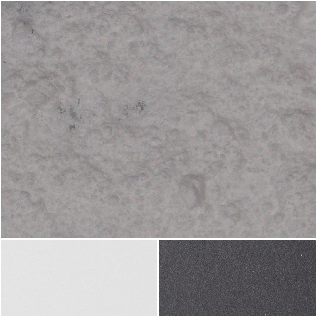 Textured surface samples showcasing gray, white, and black colors for design applications.