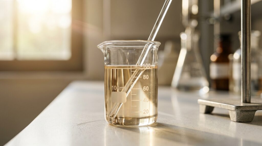 Clear liquid experiment in a laboratory beaker with a pipette.