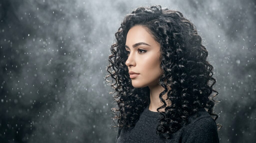 Elegant woman with curly hair in a misty, atmospheric landscape.