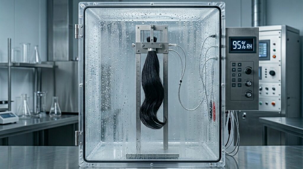 Humidity testing of hair sample in a controlled environment laboratory.