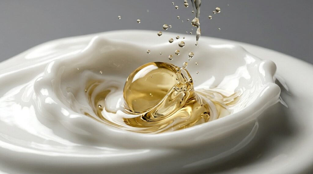 Golden oil droplet merges with creamy texture, creating a stunning visual contrast.