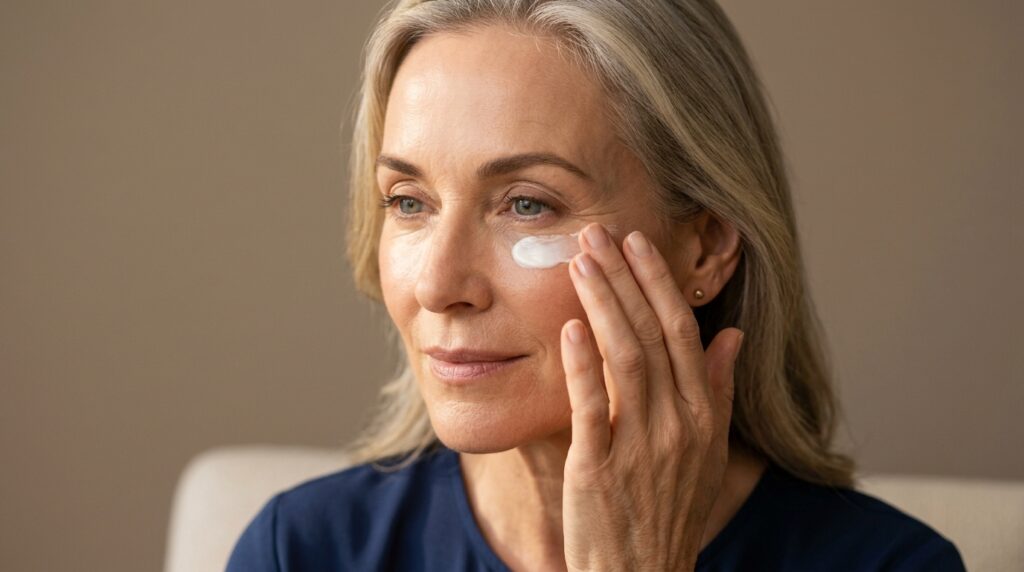 Mature woman applying skincare cream for healthy, revitalized skin.