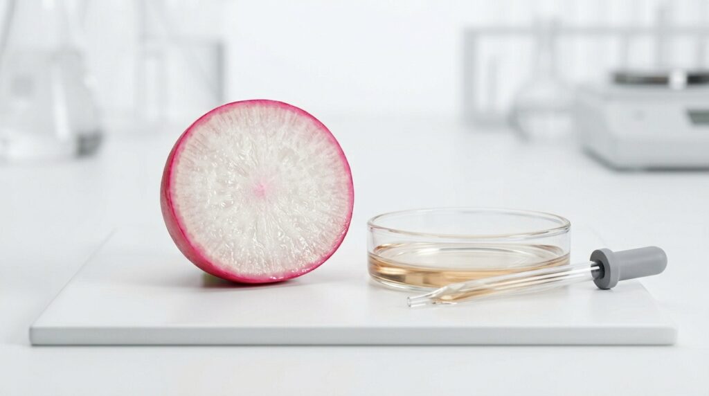 Fresh radish beside a glass dish of radish oil for natural wellness.