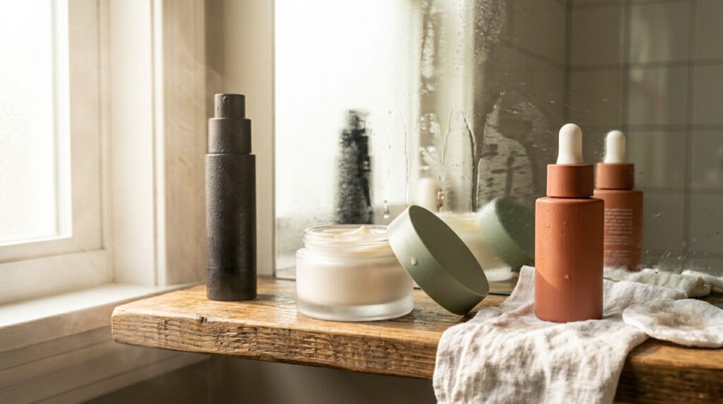 Natural skincare products on a wooden shelf illuminated by sunlight.